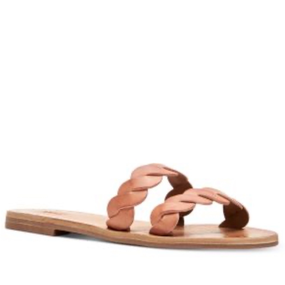 Frye Azalea Braid Slide Sandals Two Strap Open Toe Tan Light Rose Leather 7